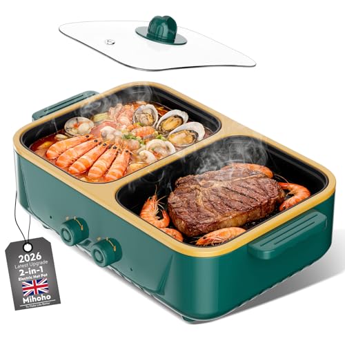 2-in-1 Electric Hot Pot and Grill Combo 1000W Dual Temper Control Fast Heating - Indoor Cooking Appliance for BBQ Steaks Noodles & More - Suitable for Up to 3 People (Dark Green)