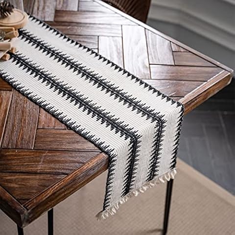 Black and White Table Runner with Tassels, Farmhouse Boho Woven Table Decoration for Dining Room Party (White,30×220cm) Cover