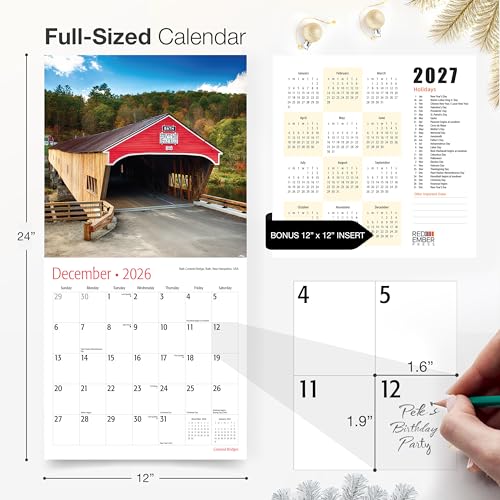 Image of RED EMBER Covered Bridges 2026 Wall Calendar 12 Month | 12 inch x 24 inch Open | Thick & Sturdy Paper | Giftable | Travel Calendar 2026