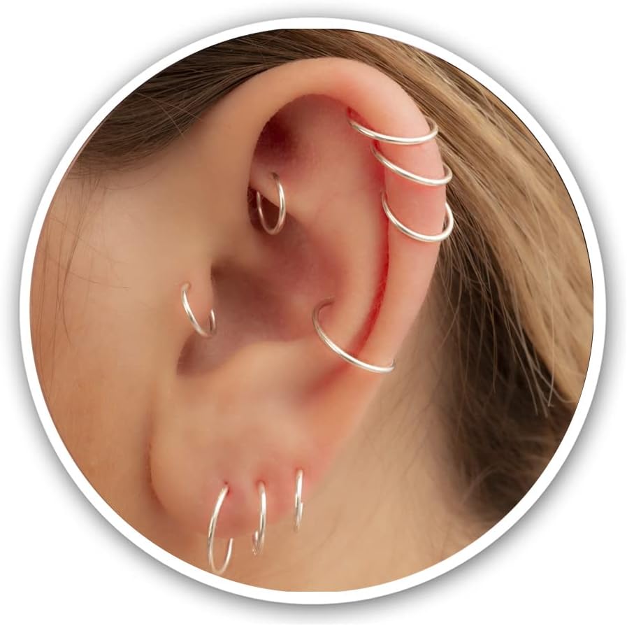 Tragus Piercing Helix Hoop Small Sterling Silver Huggie Hoop Earrings for Women Cartilage Nose Helix Tragus (Silver, 6mm 18 gauge / 1 pair)