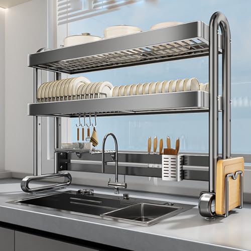 Tqertrtfxa 1-2Tier Full Stainless Steel Dish Drainer with Utensil Holder,Over The Sink Dish Drying Rack,dishrack for kitchen counter，dish strainers for kitchen sink(Black 2,85cm/33.5in)