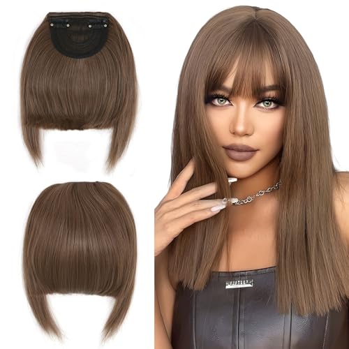 Elailite Flequillo Postizo Pelo Corto Clip Flequillos Falso (sienes 22cm) 1 Pieza 2 Clip en Postizos para Mujer # Marrón Rojo Claro