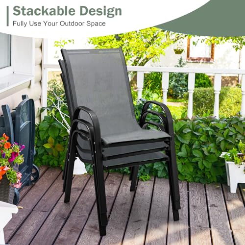 Image of Giantex Patio Chairs Set of 4, Stackable Outdoor Dining Chairs with Breathable & Quick-Dry Fabric & Armrests for All Weather, Lawn, Backyard, Poolside,Porch, Deck, 330 LBS Capacity (Grey)