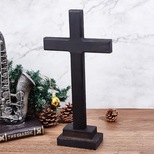 GOMAKERER 1 Pc Wood Crafted Cross, Black Wooden Wall Cross with Stand, Hanging or Standing Cross Decoration Religion Wall-Mounted Cross for Home Desktop Decoration - Image 4