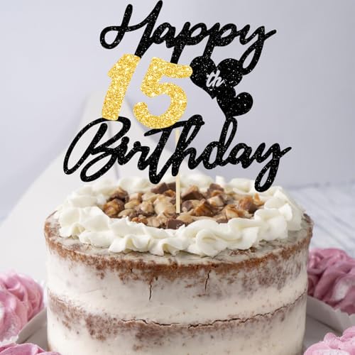 Gleevio Tortendeko 15 Geburtstag Junge Mädchen,Glitzer Kuchen Deko 15 Geburtstag Mädchen,Happy 15th Birthday Cake Topper,Alles Gute zum Geburtstagsdeko 15 Jahre,Torten Deko 15 Jahre Junge Schwarz Gold
