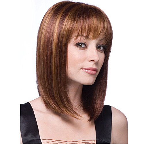 Short Straight Brown Bob Wig with Flat Bands Heat Resistant Fashion Natural Wig for Women, Shoulder Length