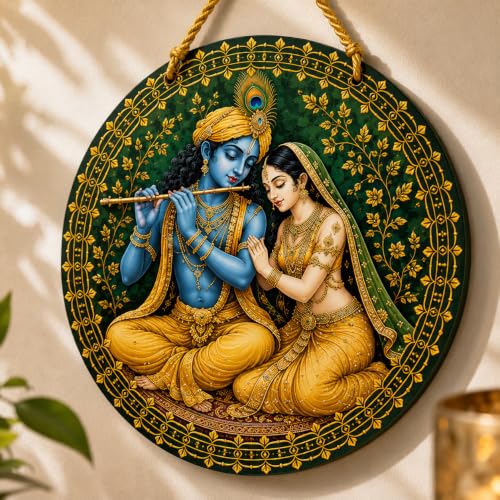 Image of DAKSHESTRY ARTWORKS Set of 3 Krishna Wall Hanging Decor | Radha Krishna & Peacock Feather Round MDF Wall Art | Hindu Spiritual Home Decoration for Living Room, Bedroom, Temple, Office (8X8 INCHES EACH)