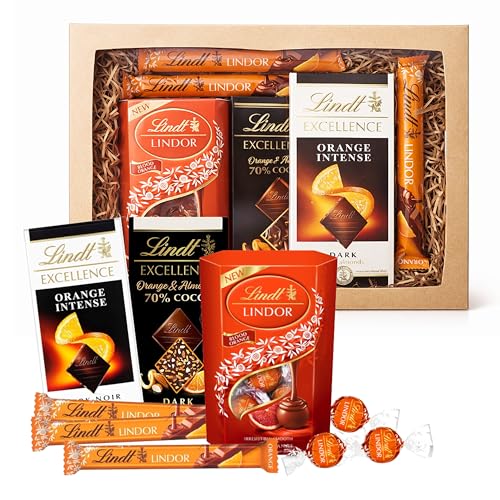Lindt Orange Chocolate Hamper for Birthday Gifts - Assortment of 200g Blood Orange Truffles 3 x 38g Milk Excellence Orange Intense 100g & Almond 100g Chocolate Bars. Gifts for Couples