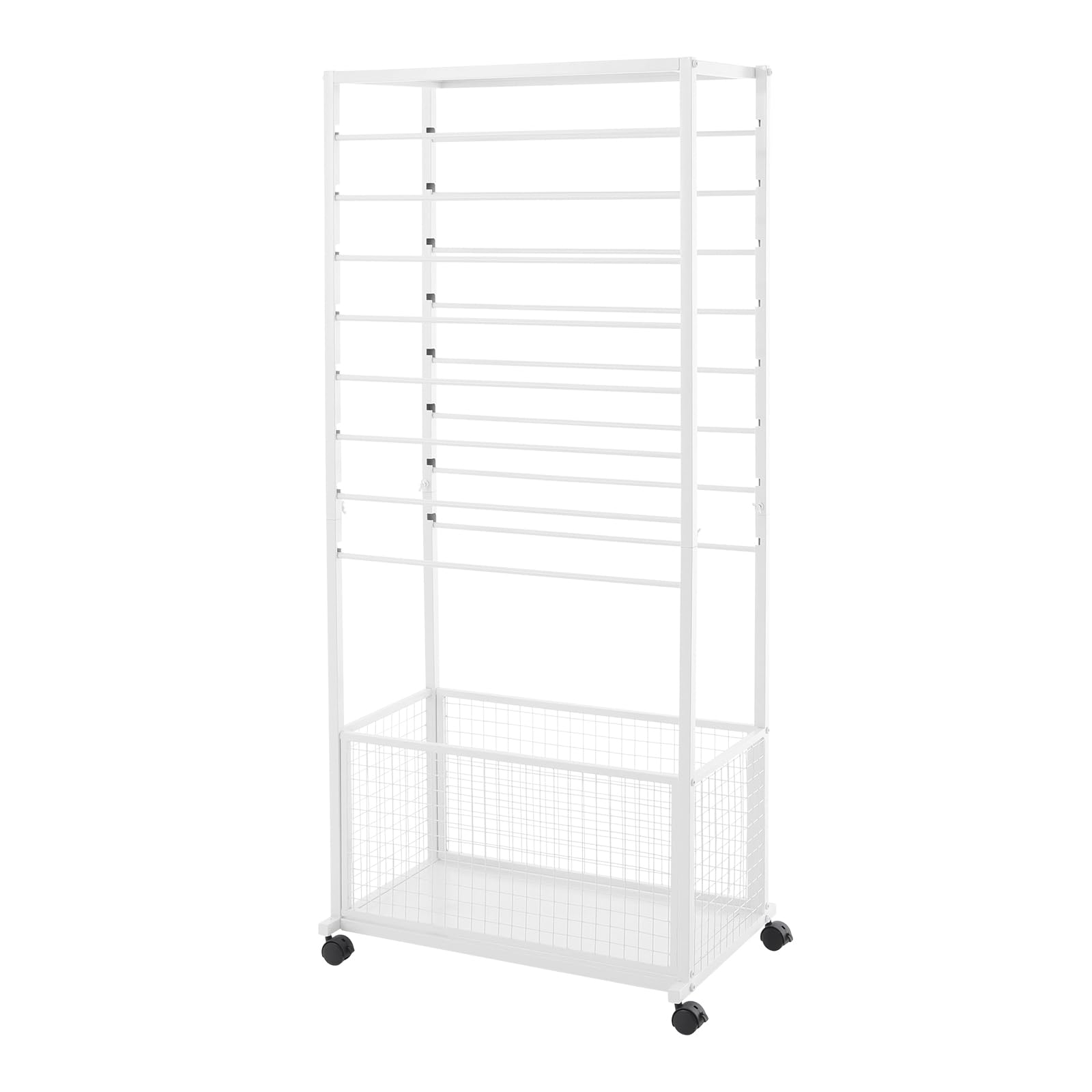 Purptarol Ribbon Holder Organizer Rack,Double-Sided 16-TierRibbon Display Stand with Storage Basket and Wheels,Multifunctional Flower Wrapping Paper Storage Stand,for Flower Shops, Craft Rooms (White)