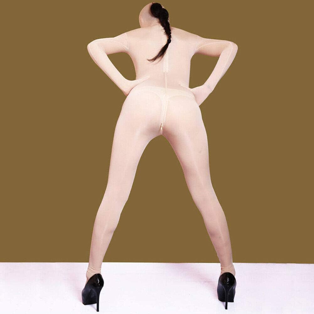 Unisex Sexy Ice Silk Full Bodystocking Shiny Silky Bodysuit Glossy Catsuit Attached 5 Finger Gloves and Hood