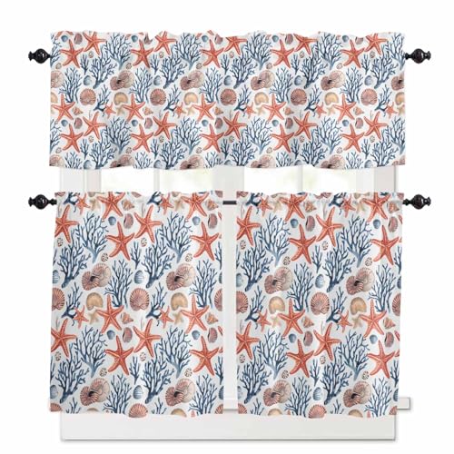 Coastal Kitchen Curtains 36 Inch Length,3 Piece Rod Pocket Small Half Tiers and Valance Set,Summer Beach Starfish Coral Shell Conch Nautical Small Large Window Treatment Decor for Bedroom/Bathroom