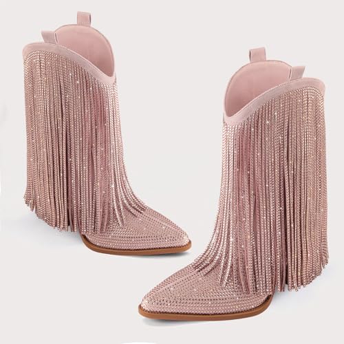 Image of Cowboy Boots for Women - Cowgirl Western Rhinestone Sparkly Fringe Chunky Heel Pointed Toe Mid Calf Boots