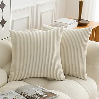 RENMEI Set of 2 Striped Corduroy Square Throw Pillow Case Soft Cushion Covers for Sofa Couch Bedroom Decorative Fluffy Pillowcases 18 x 18 Inch 45 x 45 CM Cream