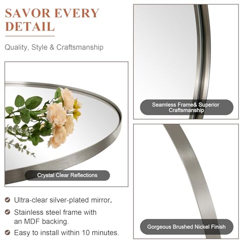 Image of ANDY STAR Arched Wall Mirror, 24 x 38 Inch Brushed Nickle Bathroom Mirror in Stainless Steel Metal Frame, Arch Top Rounded Corner 1 Inch Deep Set Design Wall Mount Hangs Vertical