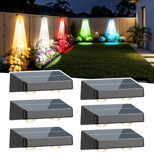 POLARPRA Solar Fence Lights, Fence Lights Solar Powered Warm/Cool White and RGB Colors Changing Outdoor Solar Lights IP65 Waterproof for Yard Garage Backyard Railing Step Patio Pool - 6Pack