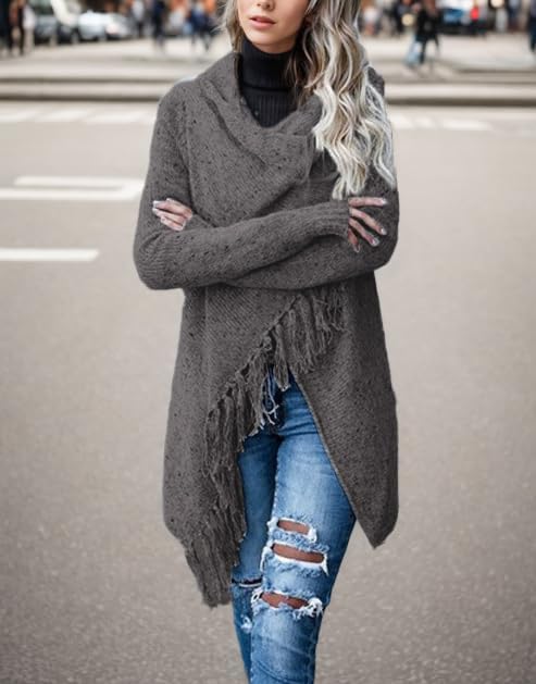 Image of Women's Open Front Knited Tassels Slash Loose Cardigan Crew Neck Speckled Fringe Sweater Outwear