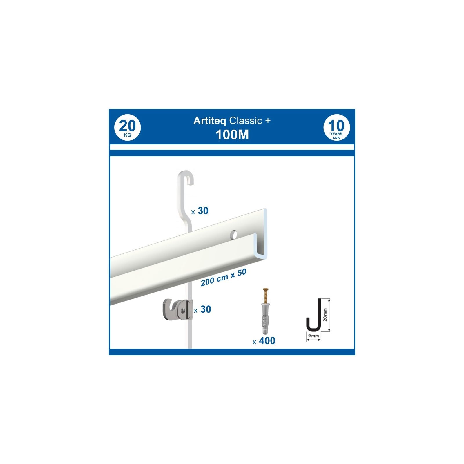 Arti Teq - Pack 100 mètres cimaise Classic + Gallery couleur Blanc - Solution d'accrochage pour décoration murale lourde - Blanc