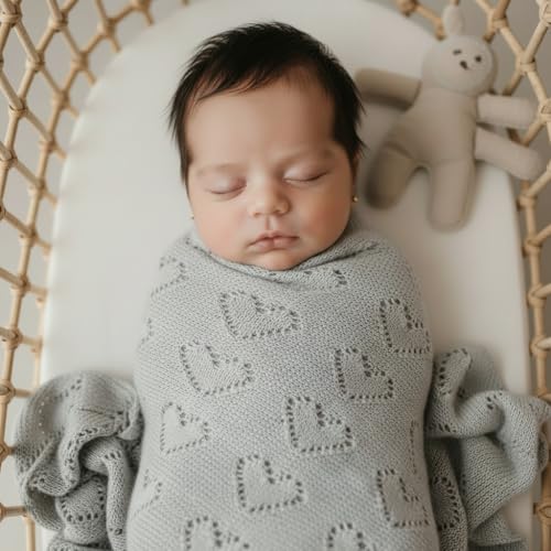Image of Heirloom Knit Heart Receiving Unisex Blanket for Boys and Girls - 100% Luxury Cotton Baby Blanket - Soft Warm Swaddle Receiving Blanket for Newborns Infants & Toddlers (Dove Grey)
