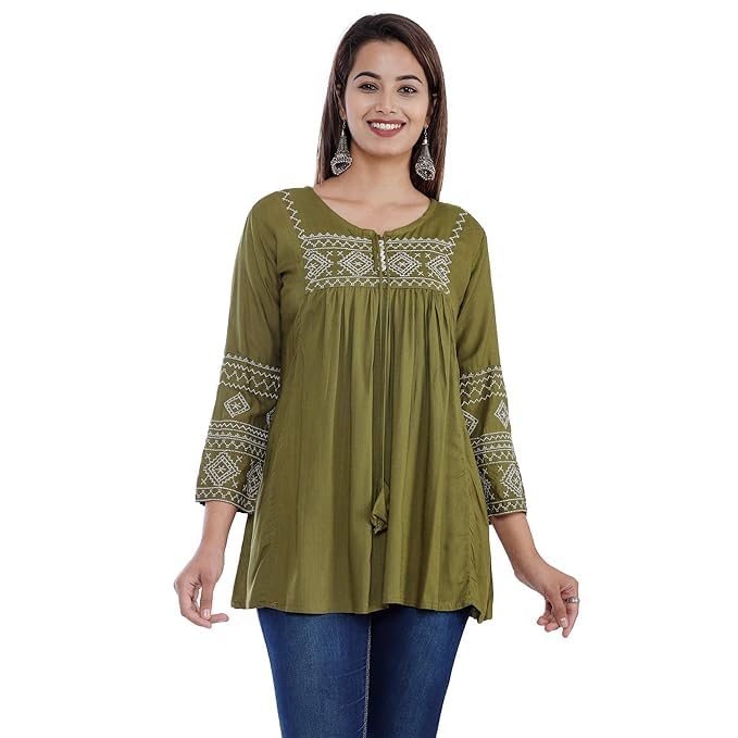 Image of Avayayat Women's Rayon Classic Heavy Embroidery Top with Beautifull Tassels at Front and on Both Sleeves Regular Fit Office Wear Festival Tunic Jeans Summer