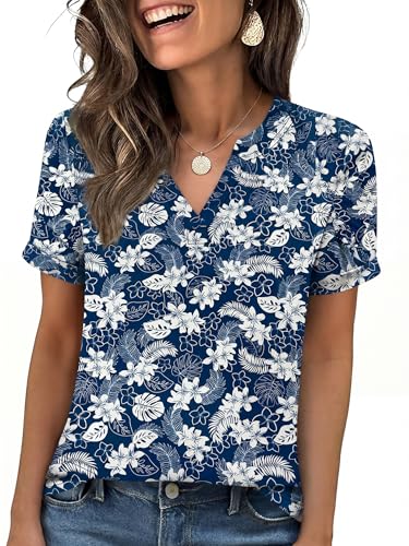 ANRABESS Womens Short Sleeve V Neck Tops Summer Casual T-Shirts Blouses 2026 Spring Trendy Beach Vacation Clothes Deep Blue White Floral Small