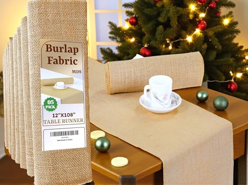 MDS Pack of 5 Pieces Wedding 12 x 108 inch Long Natural Burlap Table Runner, Rustic Farmhouse Jute Country Vintage Burlap Roll Runner for Wedding, Party Table Decorations , Boho Dรฉcor - Natural