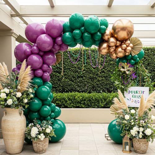 Purple Green and Champagne Gold Balloon Arch Kit – Double Stuffed Plum, Emerald, Hunter Green, and Metallic Champagne Balloons for Mardi Gras, Wedding, Birthday, Fall Party, Baby Shower