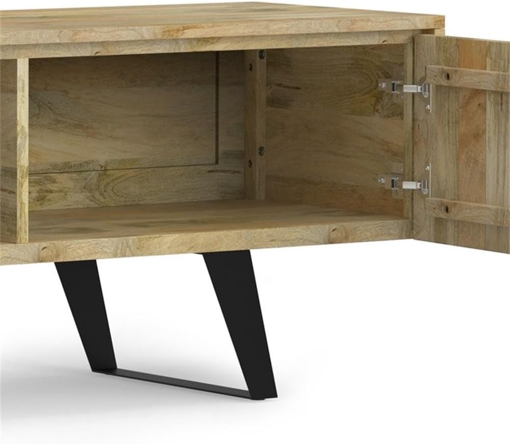 SIMPLIHOME Lowry TV Stand - 72 inch Wide Solid Mango Wood Media Console in Natural, Modern Industrial Entertainment Center for Living Room for TVs up to 80 Inches with Open Shelf and Cable Management