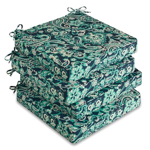 downluxe Outdoor Chair Cushions Set of 4, Waterproof 19" x 19" x 3" Patio Chair Cushion with Non-Slip Ties & Handle, Square Outdoor Cushion for Patio Furniture with Removable Cover, Green Paramecium