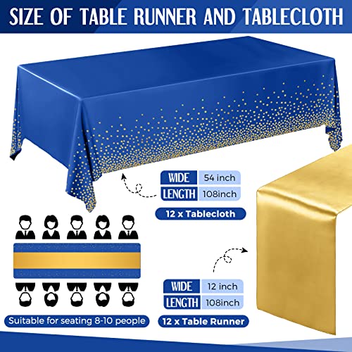 Image of Breling 24 Packs Navy Blue and Gold Disposable Plastic Tablecloths and Satin Table Runner Set, 54 x 108 Inch Tablecloth, 12 x 108 Inch Table Runners for Wedding Graduation Birthday Baby Shower