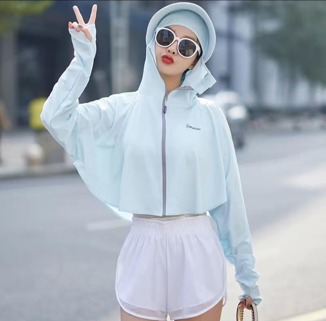 Dayalu Women Polyester Sun Protection Jacket Upf 50+ Long Sleeve & Wide Brim Hat Light Weight Full Zip Up Outdoor Running Hiking Hoodie With Face Mask (Blue), Free Size 4