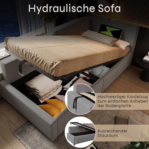 Ecke Schlafsofa Tagesbett Erwachsene und Jugendliche Einzelbetten 90x200 cm mit Stauraum, Lattenrost aus Holz, Polsterbett Samt, Grau – Bild 5