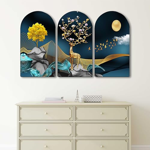 Image of Livin'luxe Golden Deer Wall Art 3 Panel Set | Moonlight Tree and Flying Birds Modern Painting on MDF | Luxury Blue & Gold Wall Decor for Living Room Bedroom Office Hallway (30 x 50 Inch) RPNL-82