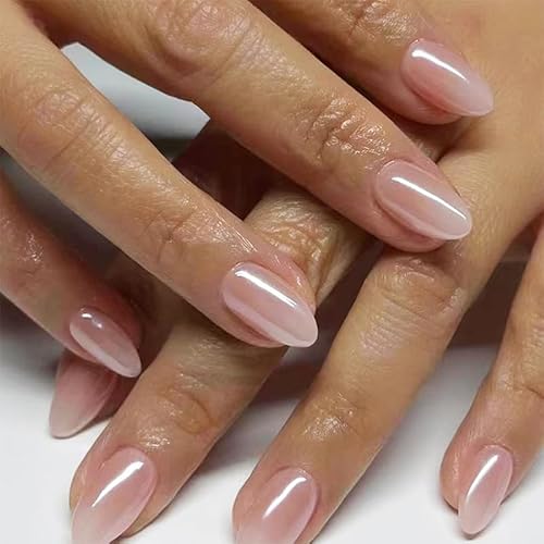 XZMeiLun Nude Brown Jelly Press On Nails Short Almond, Glossy