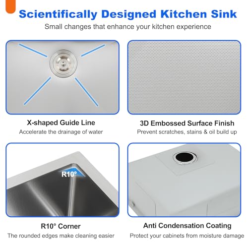 Image of 28 Inch Undermount Kitchen Sink, 28x18 inch 3D Embossed 16 Gauge Handmade Stainless Steel Single Bowl, 9 Inch Deep Under Mount, Brushed Nickel with Drain Strainer, RV Laundry Wet Prep Utility Sink