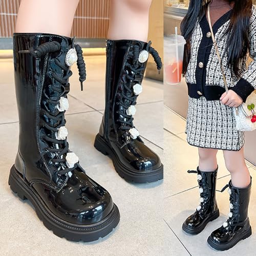 Girls Knee High Fashion Riding Boots Side Zipper Combat Boots Lace Up Chunky Low Heel Tall Winter Boot2