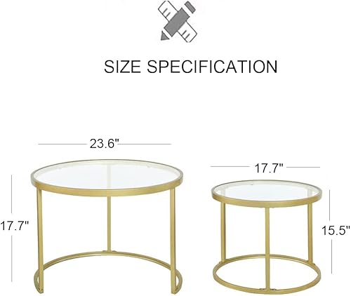 Miniatura 2 de Juego de 2 mesas de centro anidadas doradas, pequeñas mesas anidables de vidrio para sala de estar, dormitorio, mesa de té decorativa con marco de