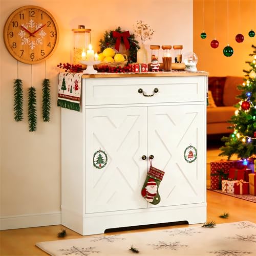 Image of CABIHOME Farmhouse Coffee Bar Cabinet with 2 Doors & Drawer, Kitchen Storage Buffet Sideboard, Adjustable Shelf, Easy Assembly for Dining Room, Entryway, White