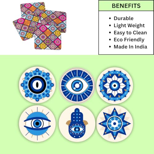 Image of Zesta Coasters for Cups Set of 6 / Wooden Coasters for Bar Accessories for Home /Tea Coaster Set of 6 / Waterproof Dining Table Decor Glass Cover (Evil Eye, Circle)