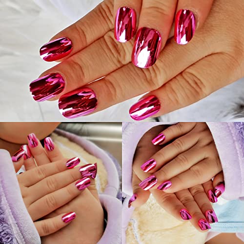 24 Pieces Mirror Chrome Kids Press On Nails Pre-Glue Children Mirror Effect False Nails Short Oval Full Cover Artificial Fake Nails Metallic Rose Red Acrylic Nail Tips For Little Girls Gift (Rose Red) #TOP5
