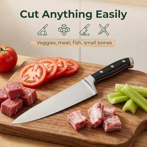 Image of Classic 8 Inch High Carbon Steel Chef Knife, Triple Rivet Kitchen Knives with Ergonomic Handle, Ultra Sharp Cooking Knife for Meat, Vegetable and Fruit