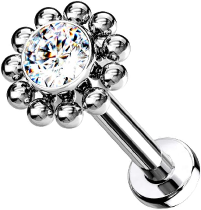 Pierced Owl - 16-18G G23 Implant Grade Titanium Threadless Push-In CZ Crystal Center Flower with Beaded Edge Flat Back Lip Cartilage Ear Stud