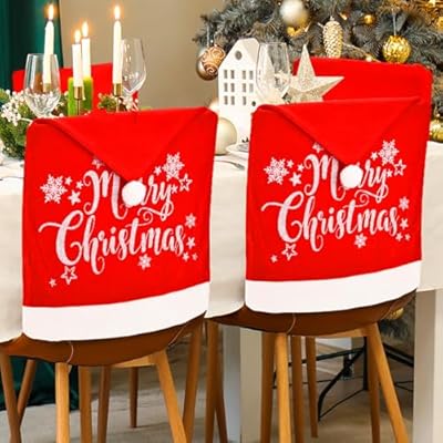 CreiYuan Christmas Chair Covers Set of 6 Santa Hat, Silver Glitter Print, High Resilience Pompon on Top, Size 25"x20", Christmas Decorations Indoor for Dining Room, Christmas Party Decorations