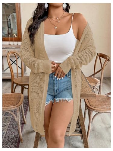 Verdusa Women's Plus Size Long Cardigan Sweater Open Front Hollow Out Knit Lightweight Outerwear Spring Fall Clothes3