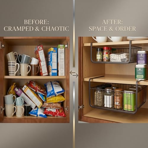 Image of Styleys Black Under Cabinet Storage Basket - Set of 3 Metal Wire Organizers with Dual Fit Hooks (15.5 inch) S11027