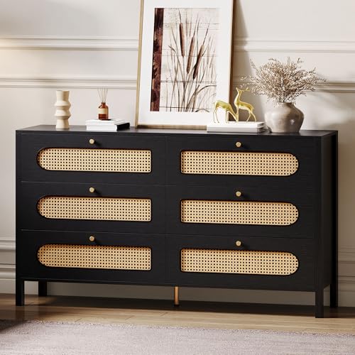 DWVO 6 Drawer Rattan Dresser-Wooden Boho Double Chest of Drawers