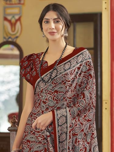 Image of SAREE MALL Women's Ajrkh Print Satin Crepe Polka Dot Printed Saree With Unstitched Blouse Piece