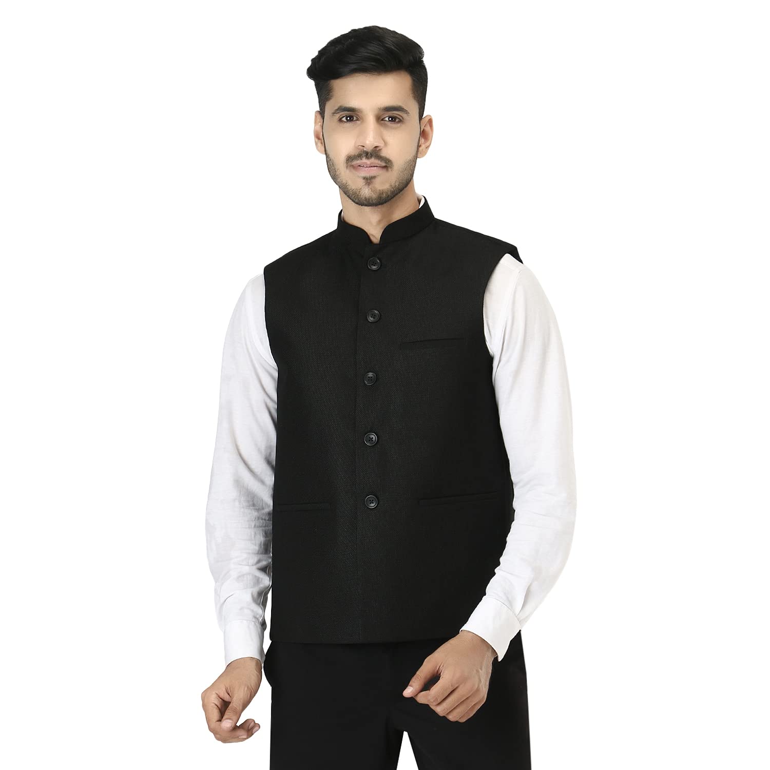 Masculine Affair Black Jute Nehru Jacket For All Season 5xl