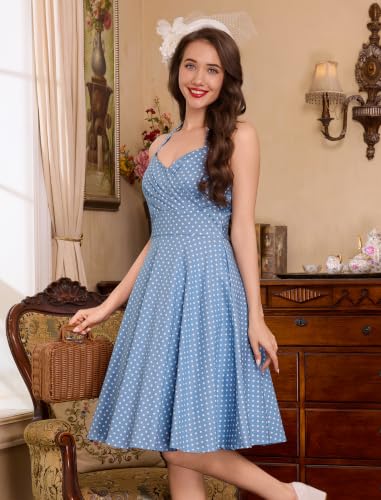 Image of 1950s Dresses for Women Vintage Retro Cocktail Party Swing Dresses Halter Floral Rockabilly 50s Polka Dot Pin up Dress