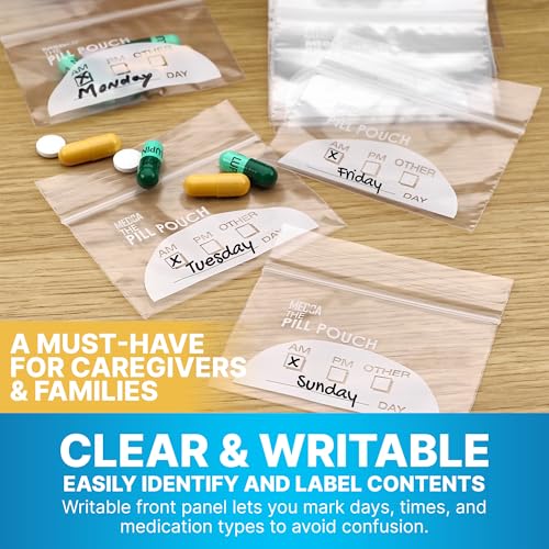 Image of Pill Pouch Bags - (Pack of 100) 3 inch x 2.75 inch Pill Baggies and Disposable Plastic Travel Pill Bags with Write-on Labels