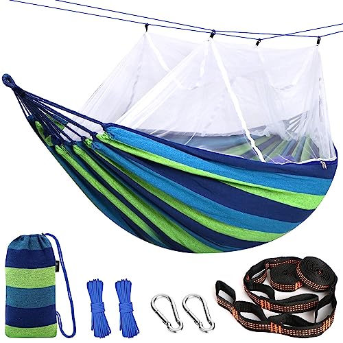 Anyoo Hamaca de Algodón con Mosquitero y Kit de Correas para Árboles, Malla Transpirable para Jardín al Aire Libre, Camping, Patio, Balcón, Senderismo